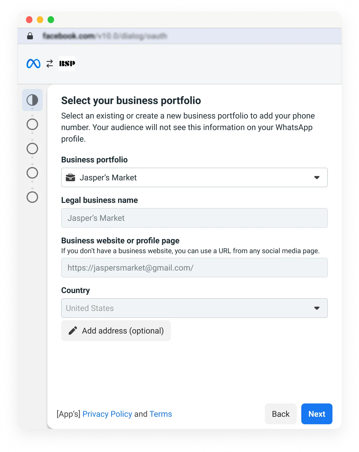 Business portfolio selection screen in Embedded Signup