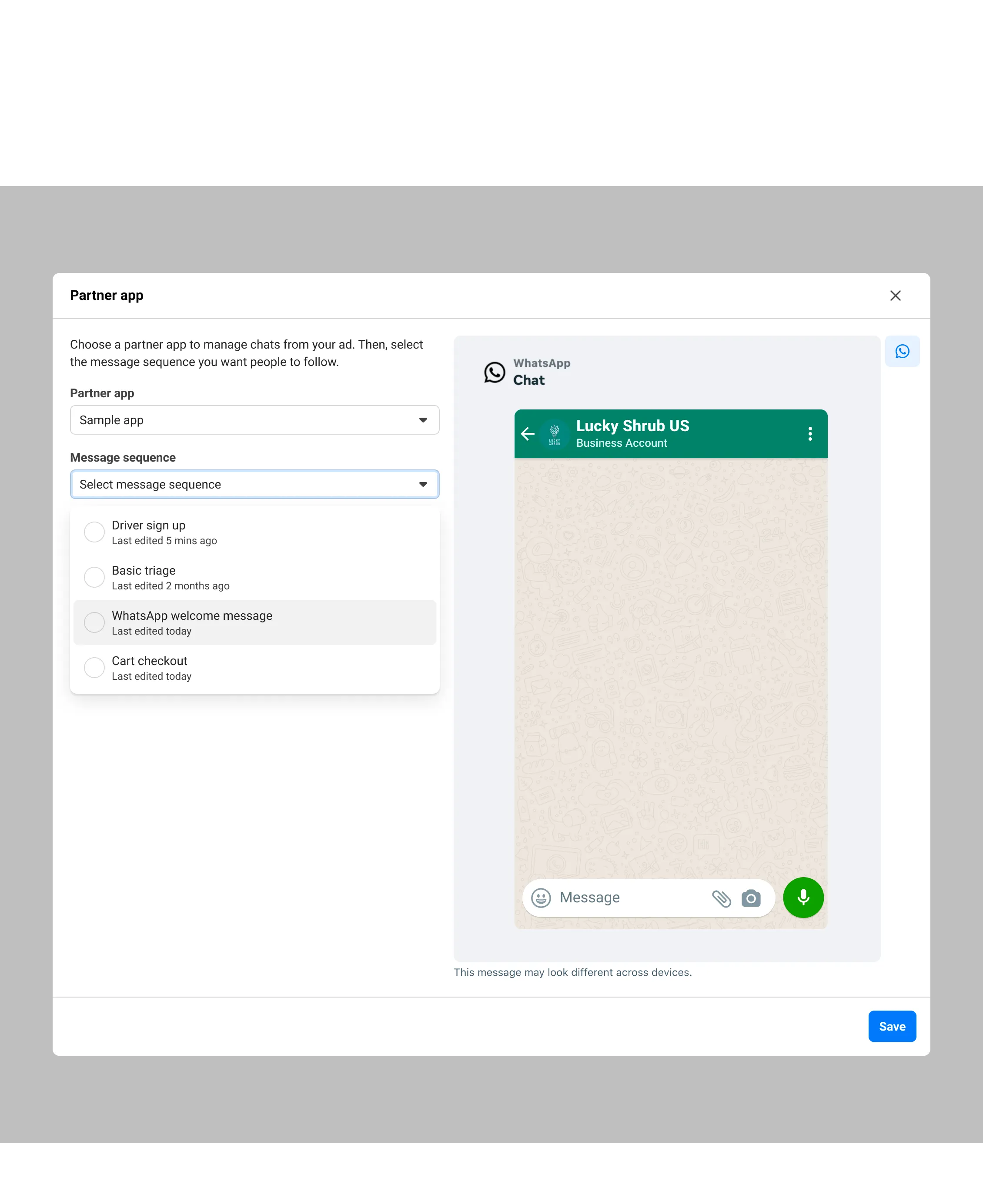 Message sequence selection dropdown