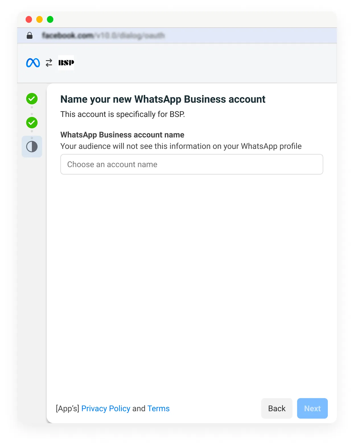 WhatsApp Business Account naming screen