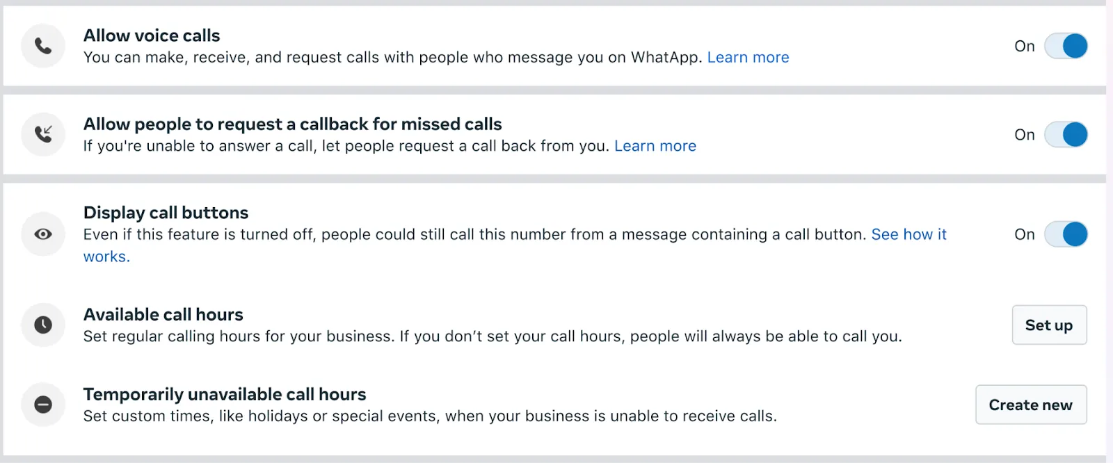 Screenshot of WhatsApp Manager call settings interface