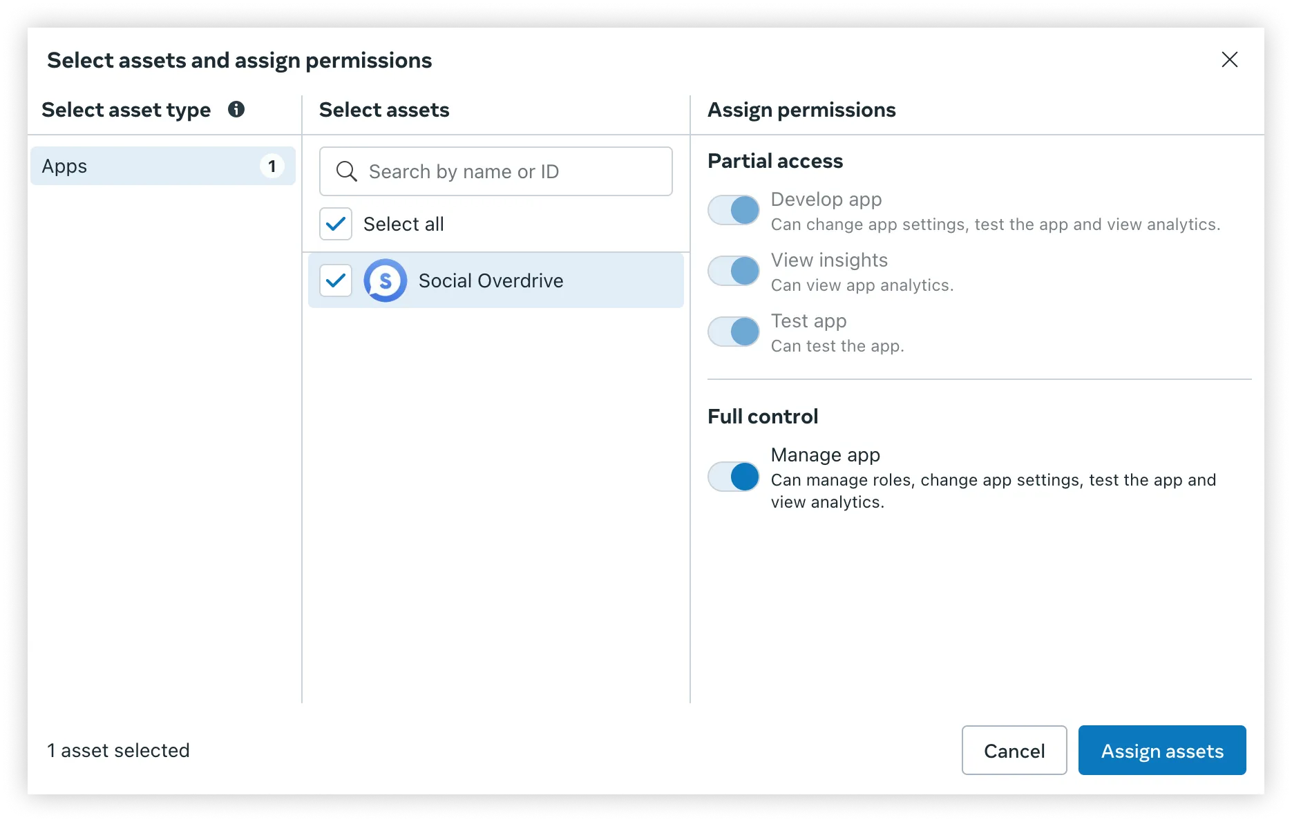 Select assets and assign permissions dialog