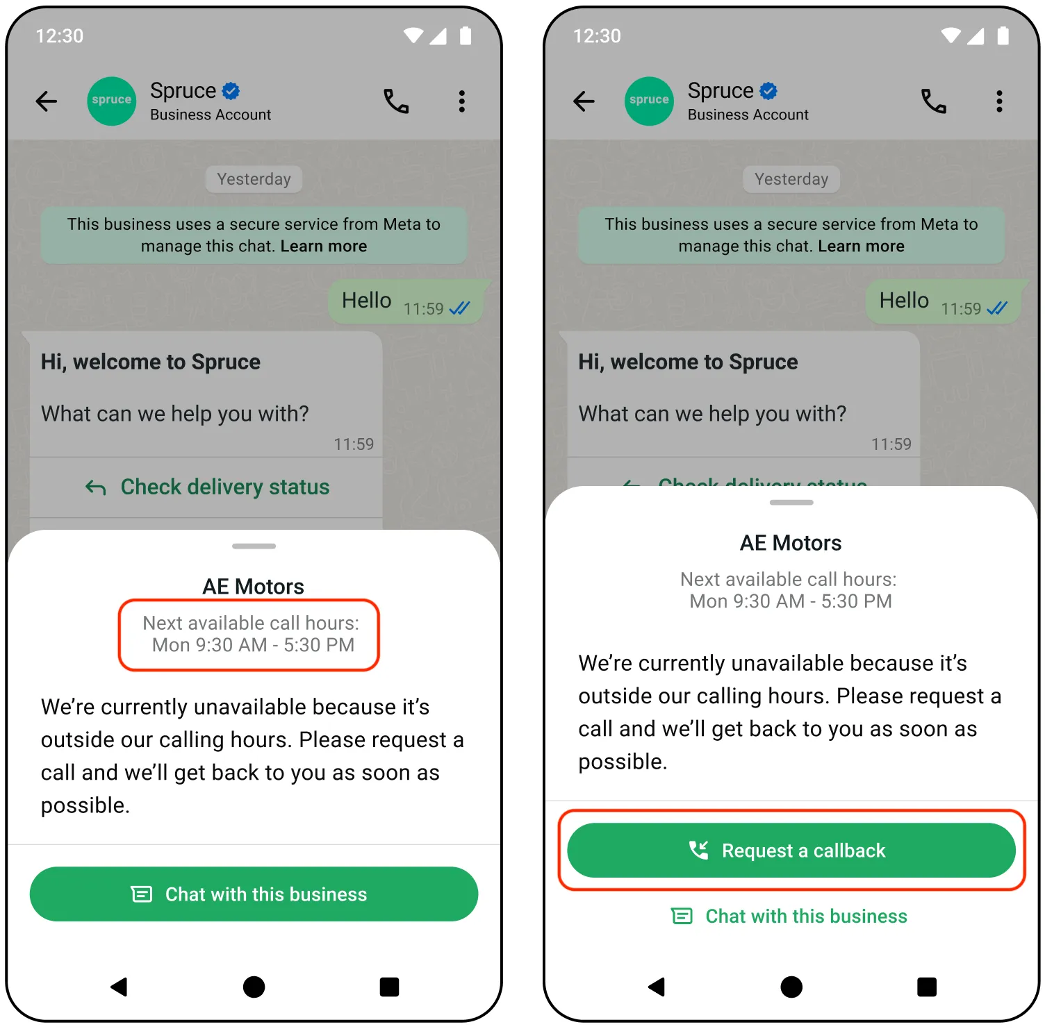 Screenshot showing call hours unavailable message in WhatsApp