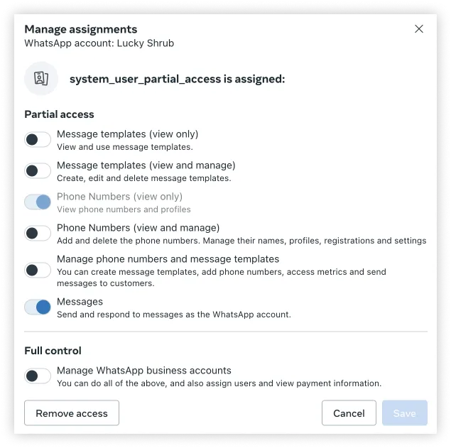 WhatsApp Account Access tab with Add people button