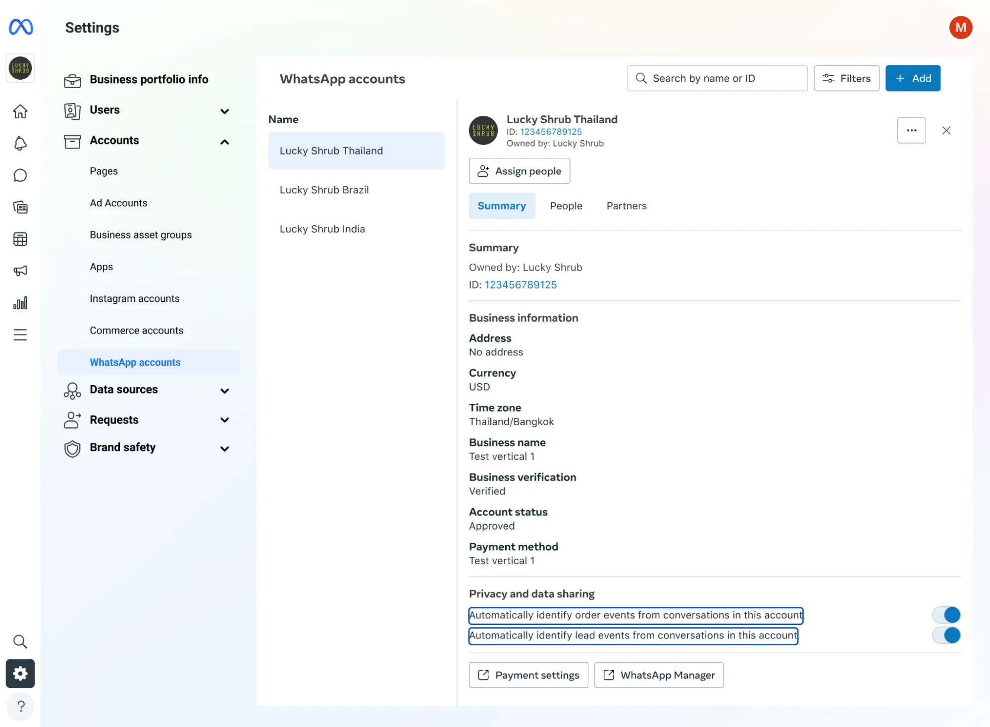 A WhatsApp Business Account selected in the Meta Business Suite's settings panel, with the summary tab showing checkboxes for opting in.