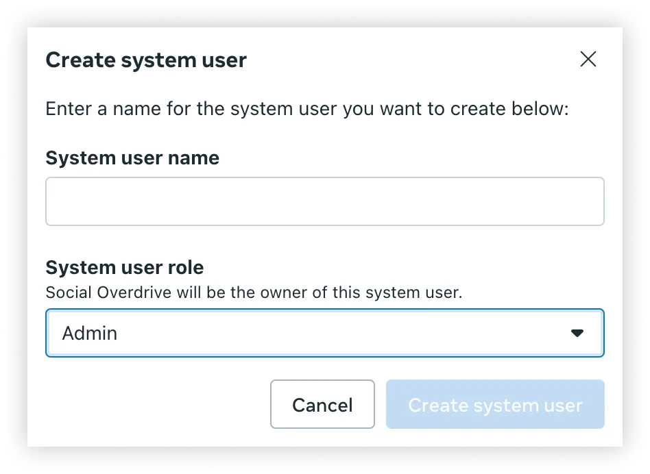 Create system user dialog with name field and role selector