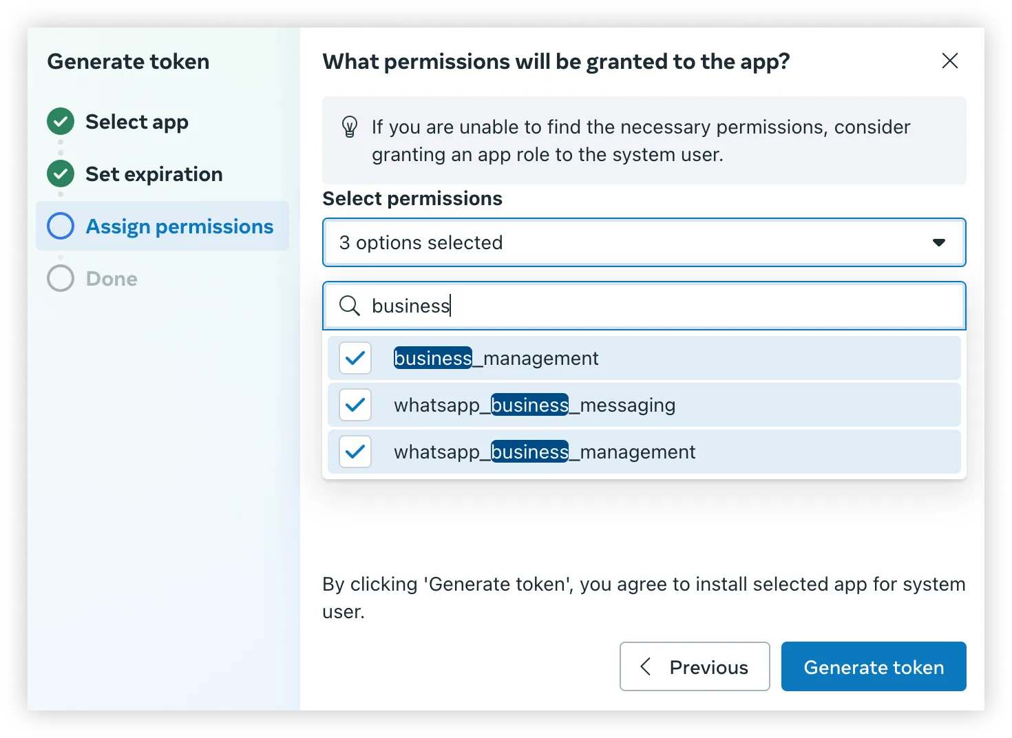 Token generation dialog showing business permissions search
