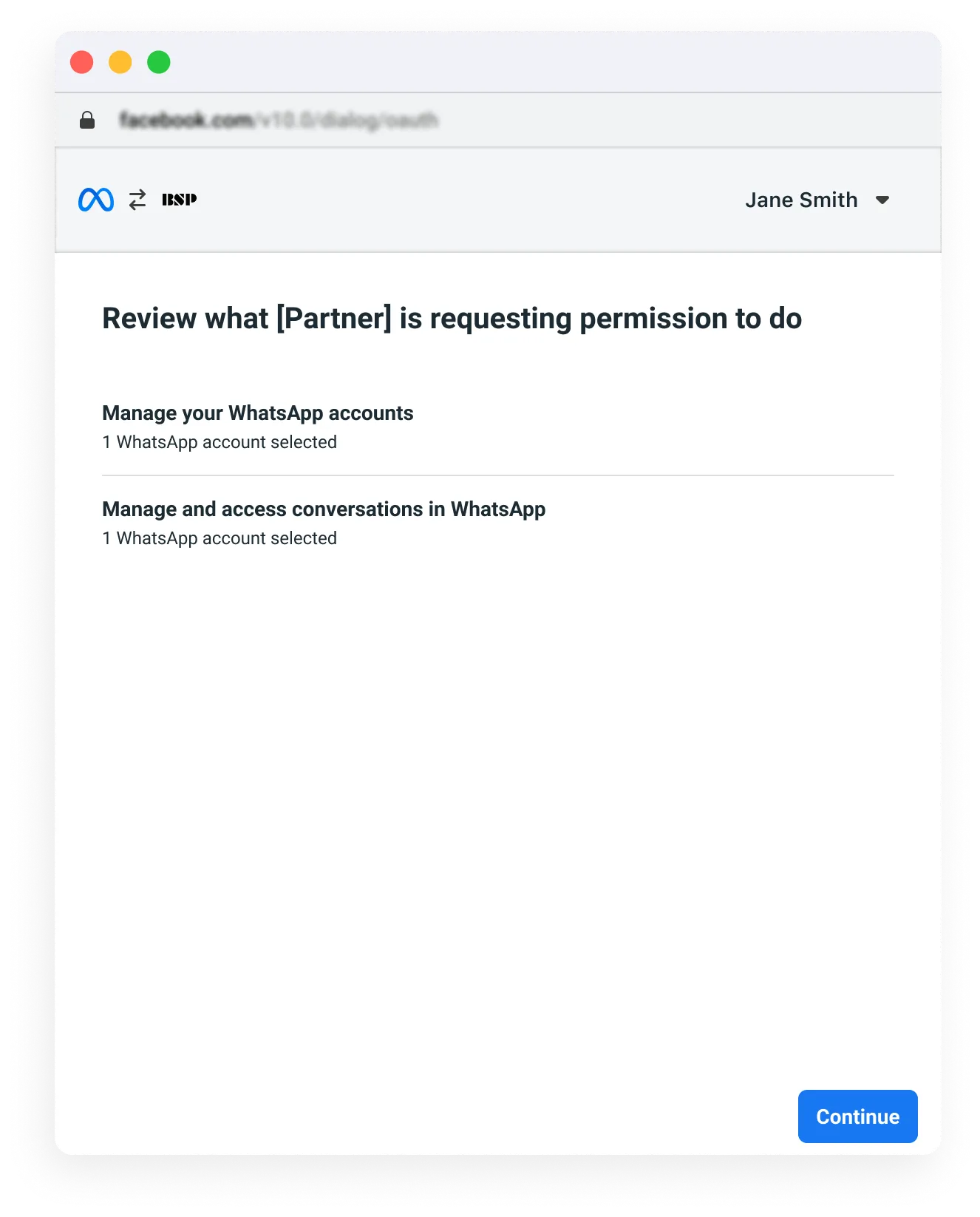 Permissions verification screen in Embedded Signup