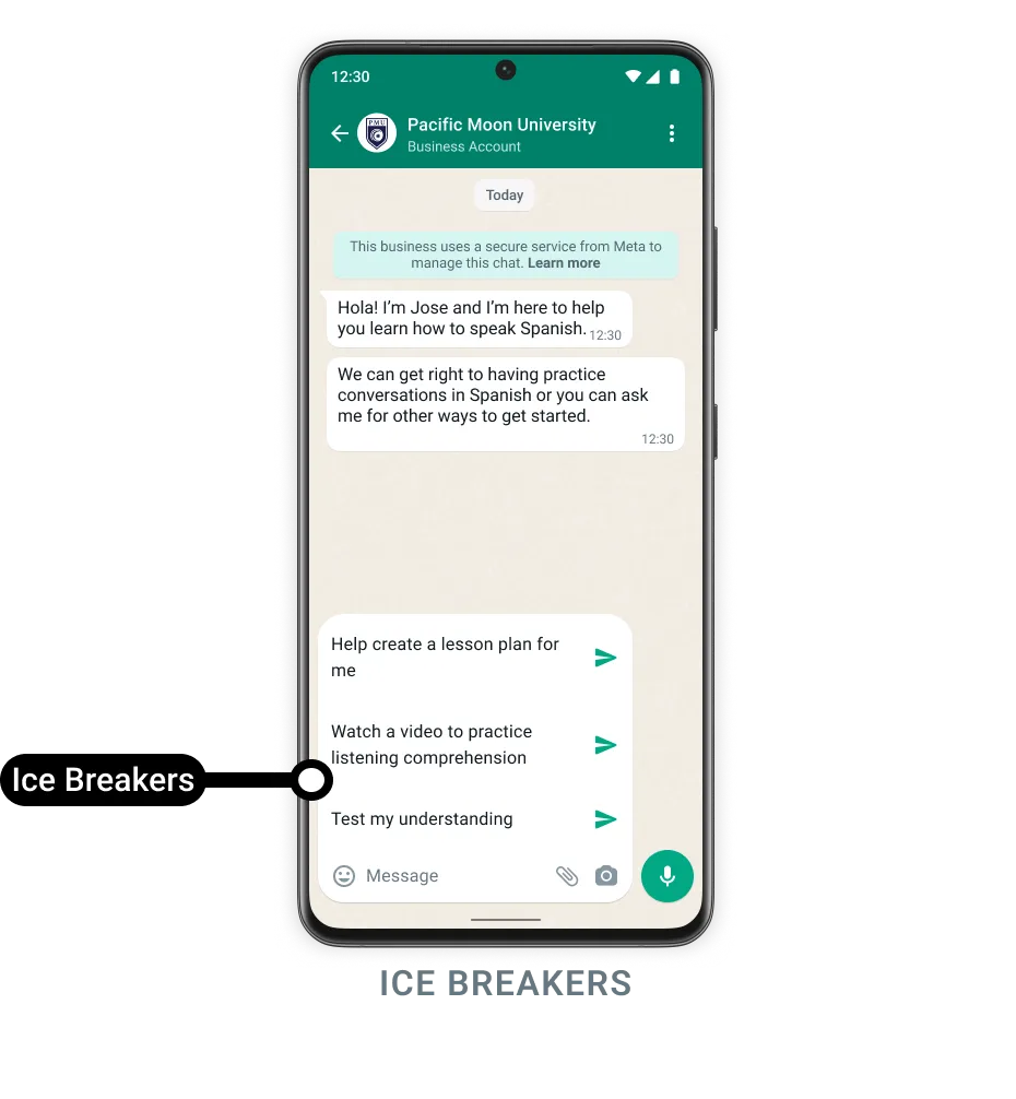 Ice breakers displayed as tappable options in WhatsApp chat
