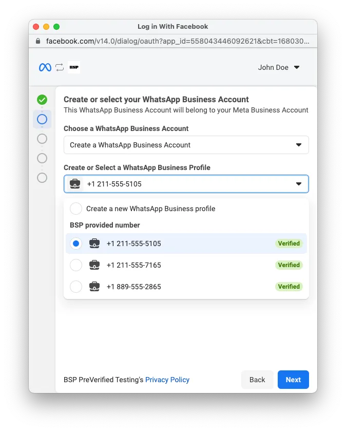 Screenshot of pre-verified phone numbers in Embedded Signup flow