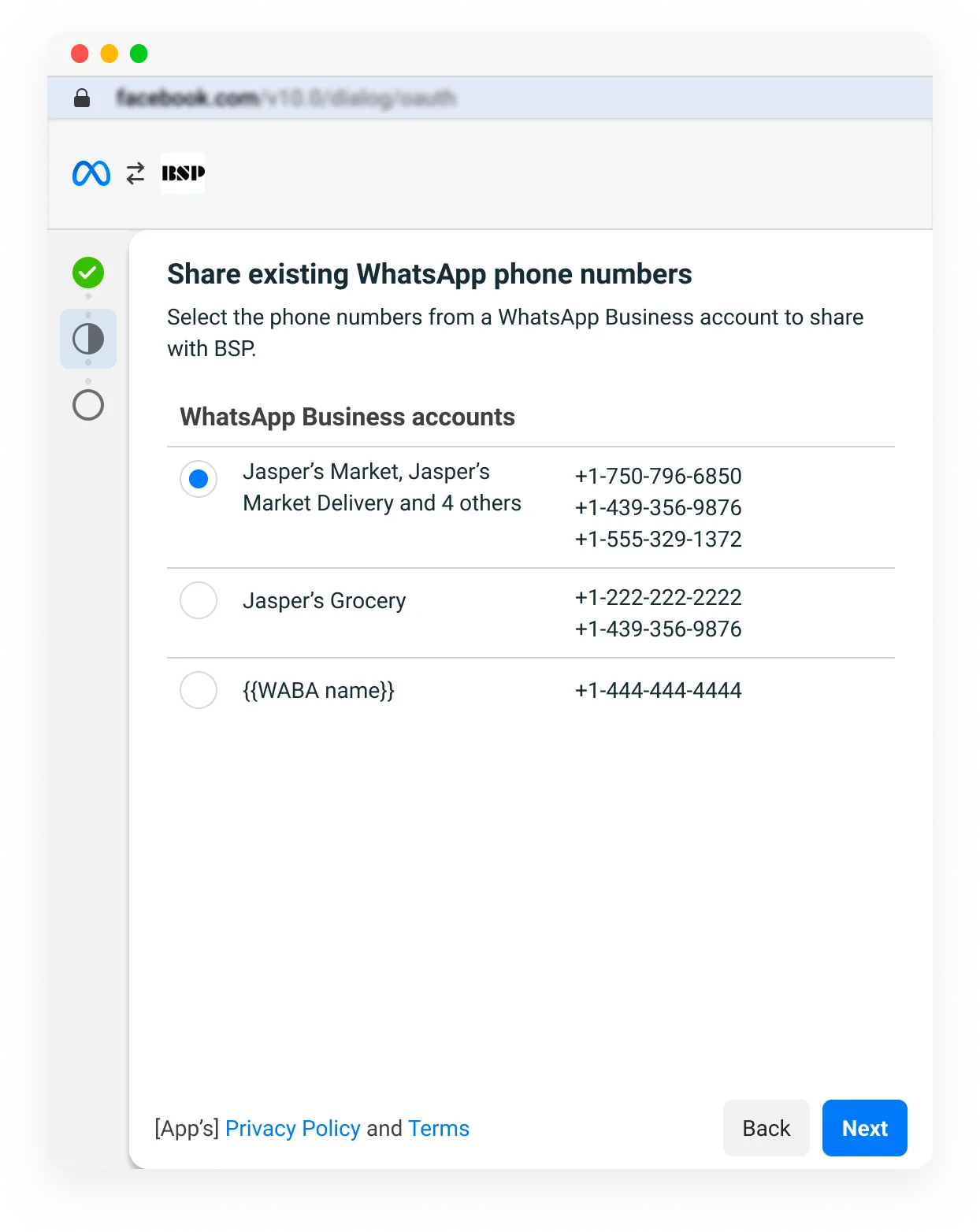 WABA selection screen showing phone numbers to share