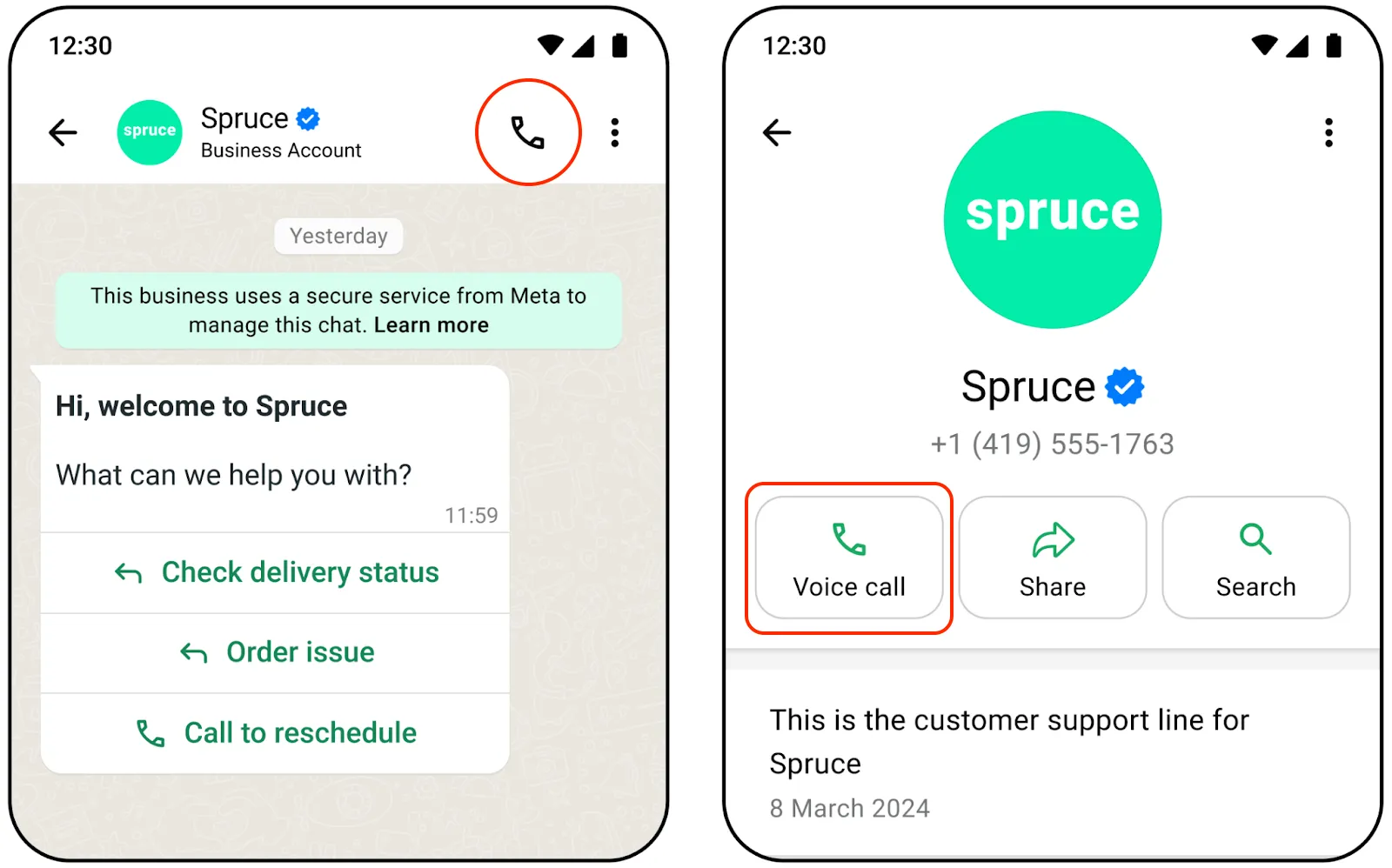 Screenshot showing call button icon displayed in WhatsApp chat