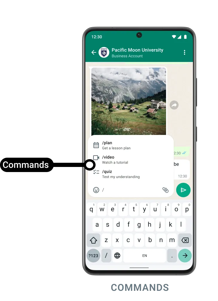 Commands menu appearing when user types forward slash in WhatsApp