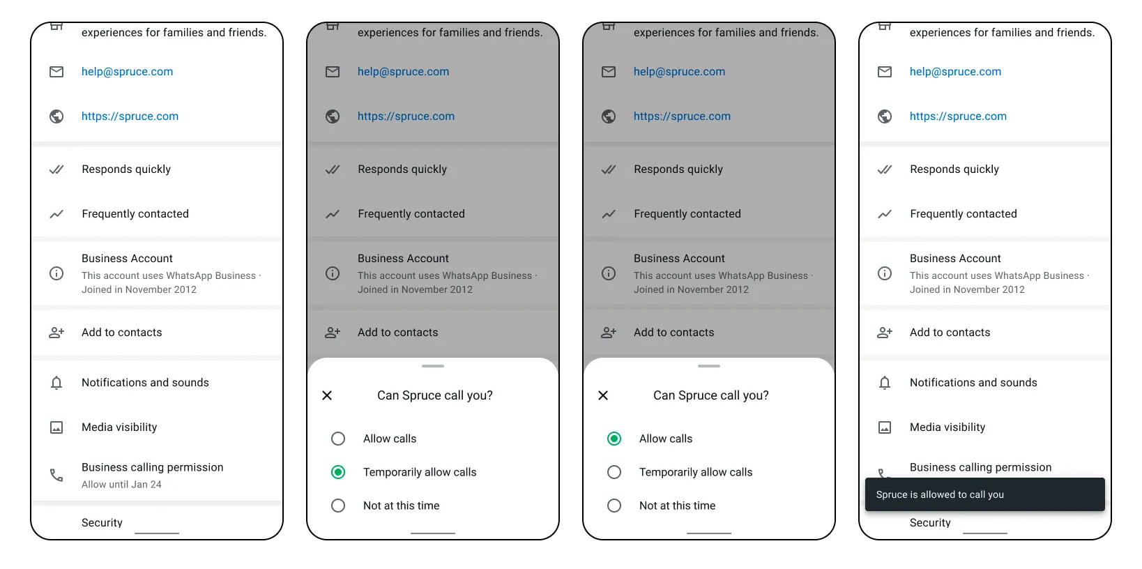 Business profile screen showing call permission update options